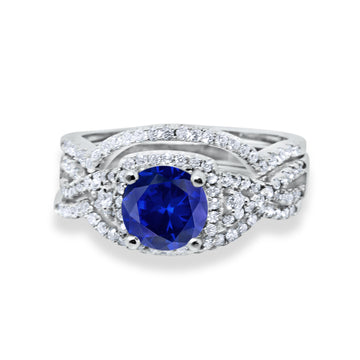 Three Piece Wedding Ring Simulated Blue Sapphire CZ 925 Sterling Silver